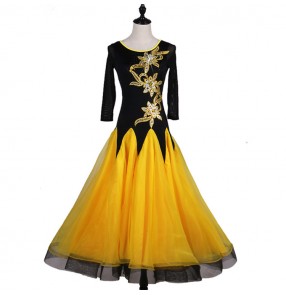 Black and yellow patchwork middle long sleeves competition professional women's girl's standard ballroom waltz tango dance dresses