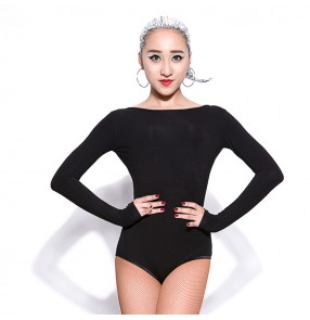 Black backless long sleeves competition gymnastics women's girl's latin rumba salsa cha cha ballroom dance tops bodysuits tops