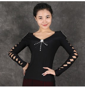 Black diamond hollow sleeves women's female long sleeves competition professional stage performance waltz tango ballroom dancing tops blouses