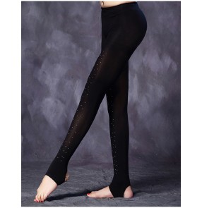 Black flesh beige colored stones women's girl's female competition professional latin salsa rumba cha cha dance leggings pants