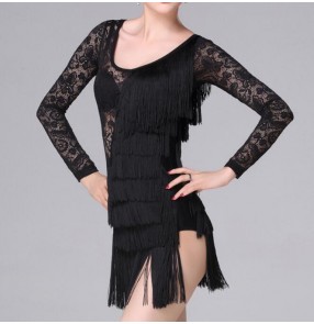 Black fringes latin dresses women's female competition stage performance lace latin salsa cha cha rumba dance dresses