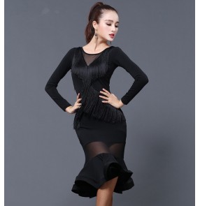 Black fringes mesh patchwork long sleeves fashion women's female competition stage performance ballroom latin salsa cha cha dance dresses