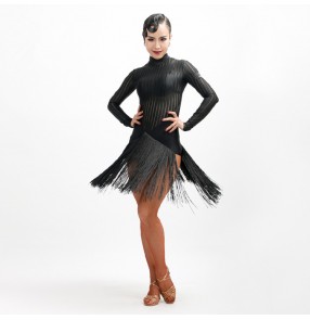 Black grey striped see through long sleeves women's female competition stage performance latin salsa cha cha dance dresses costumes