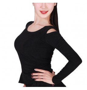 Black hollow shoulder women's female long sleeves competition professional performance ballroom tango waltz latin dance tops blouses