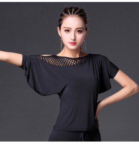 Black inclined one hollow shoulder lace patchwork fashion women's girl's competition gymnastics performance ballroom latin dance tops