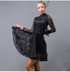 Black lace fringes tassels backless fashion women's female competition performance cha cha latin dance dresses costumes