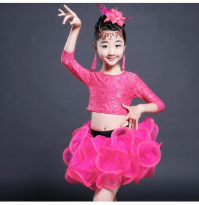 Black latin dresses girl's kids children stage performance lace modern dance competition salsa cha cha dance dresses costumes