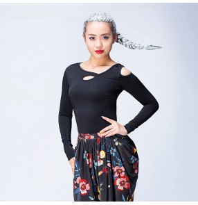 Black long sleeves hollow front  sexy fashion women's female competition stage performance ballroom salsa chacha latin dance tops