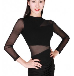 Black long sleeves tulle patchwork see through sleeves and waist women's female competition professional performance rumba salsa cha cha latin dance tops 