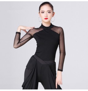 Black long sleeves tulle see through shoulder fashion women's girls performance competition ballroom chacha rumba dance tops blouses