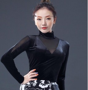 Black long sleeves velvet turtle neck fashion female competition stage performance ballroom latin dance tops blouses