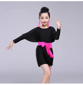 Black loose batwing long sleeves competition girl's children stage performance latin salsa dance dresses costumes outfits