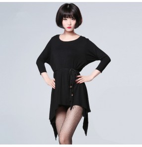 Black loose wide sleeves competition performance gymnastics women's practice salsa rumba salsa dance dresses