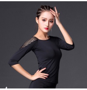Black mesh fabric sleeves fashion women's girl's ballroom latin salsa cha cha dance tops blouses