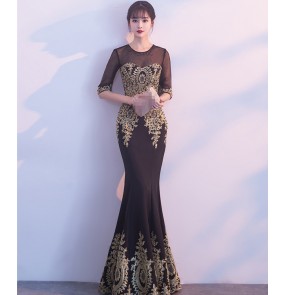 Black navy royal blue with gold embroidery women's  half sleeves competition wedding party celebration mermaid beads evening dresses costumes