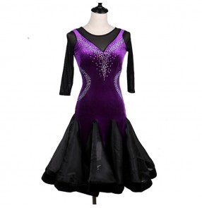 Black purple patchwork velvet competition professional stones women's female latin salsa cha cha dance dresses