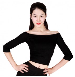 Black red boat neck short length women'e female competition performance professional ballroom latin dance tops shirts