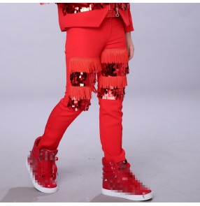 Black red fringes paillette boy's kids children singers dancers model stage performance hip hop jazz drummer dancing pants