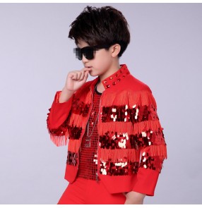 Black red fringes sequined boys kids drummer model singers dancers stage performance jazz hip hop dance jackets