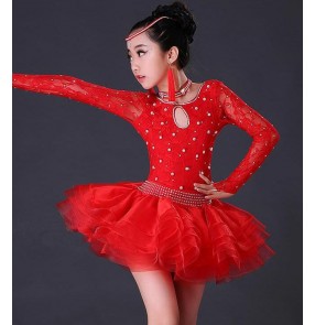 Black red royal blue lace long sleeves backless rhinestones beads competition stage performance girl's kids children latin salsa cha cha dance dresses