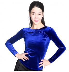 Black red royal blue velvet round neck long sleeves women's female competition practice gymnastics latin ballroom dance tops 