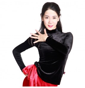 Black red royal blue velvet women's female long sleeves turtle neck competition performance gymnastics ballroom latin flamenco dance tops 