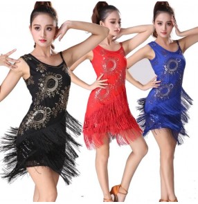 Black red royal blue violet Latin Dance Dresses outfits Women Girls Sexy Fringes Skirts Ballroom Rumba chacha Latin Dresses For Dancer