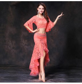 Black red turquoise coral navy white lace sexy irregular ruffles skirts women's girl's performance photos belly dance dresses costumes