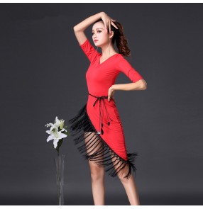 Black red v neck fringes irregular hem half sleeves women's female competition stage performance ballroom latin dance dresses