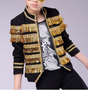 Black red with gold fringes fashion modern street dance school drummer model show jazz hiphop performance competition coats jackets