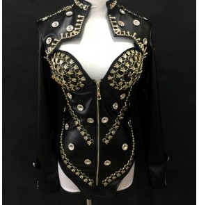 Black rivet rhinestone pu leather women's fashion night club bar party jazz singers pole dance photos performance dancing jackets bodysuits leotards