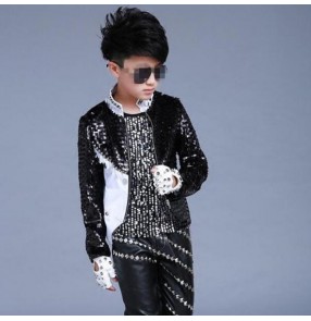 Black sequined paillette long sleeves boy's kids children jazz singers dancers drummer modern dance hiphop performance jackets coats