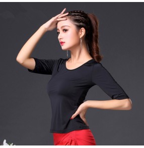 Black short sleeves back mesh patchwork fashion women's girl's performance exercises latin ballroom dance tops blouses