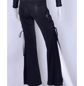 Black side split lace patchwork draw string fashion competition professional women's female latin practice ballroom dance long pants 