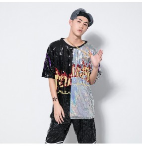 Black silver sequined patchwork fashion men's women's competition performance hiphop jazz steet dance costumes t shirts tops 