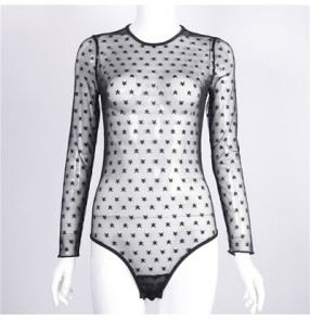 Black star see through long sleeves mesh women's female sexy fashion jazz singers dancers performance night club dancing outfits leotards bodysuits