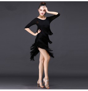 Black tulle fabric half sleeves layers of fringes competition professional exercises women's rumba chacha salsa latin dance dresses