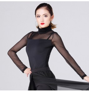 Black turtle neck long sleeves tulle long sleeves women's female competition gymnastics ballroom chacha latin dance tops blouses