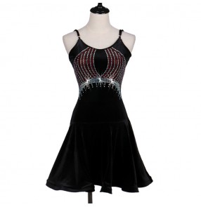 Black velvet backless rhinestones competition stage performance professional salsa cha cha latin ballroom dance dresses