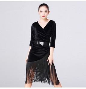 Black velvet half sleeves v neck fashion women's ladies fringes tassels latin salsa cha cha rumba dance dresses costumes