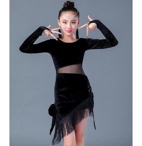 black velvet latin dresses girls stage performance long sleeves latin salsa chacha rumba dance dresses costumes