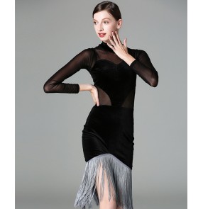 Black velvet long sleeves see through sexy fashion women's female competition professional latin salsa cha cha dance dresses costumes