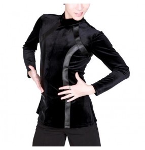 Black velvet long sleeves turtle neck men's male competition performance professional ballroom latin salsa cha cha dance tops shirts