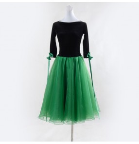 Black velvet tops with green tulle fabric skirted women's female competition professional performance ballroom waltz tango dancing dresses