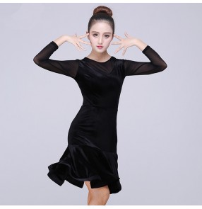 Black velvet tulle patchwork sexy fashion women's female long sleeves salsa cha cha latin dance dresses dancewear