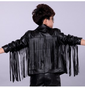 Black white leather motor cycle fringes boys kids fashion hip hop dancers singers drummer model t show performance jacket coats