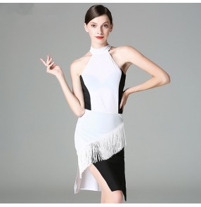 Black white patchwork fringes halter neck sleeveless competition professional women's female latin salsa rumba dance dresses