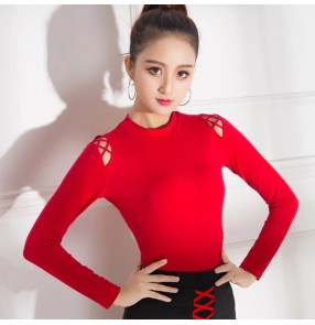 Black white red hollow shoulder long sleeves women's girl's ballroom latin salsa cha cha dance shirts tops blouses