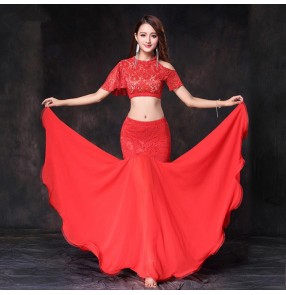 Black white red lace patchwork fashion sexy stage performance women's competition belly dance costumes dresses