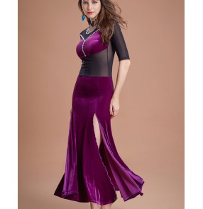 Black wine red purple velvet tulle waistline fashion women's female competition stage performance belly dance dresses costumes(no waistband)